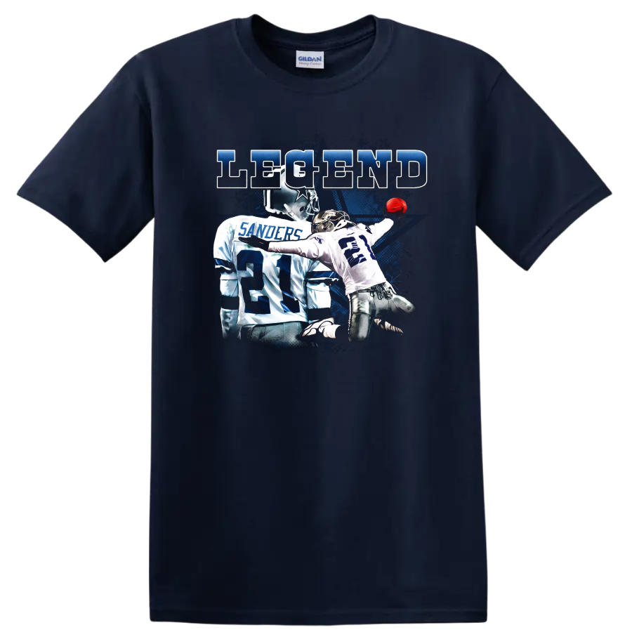 Deion Sanders Dallas Cowboys number 21 action graphic with distressed LEGEND text on a Navy (Blue) T Shirt