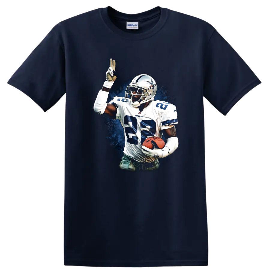 Emmitt Smith Dallas Cowboys No. 22 football action art with blue grunge backdrop on a Navy (Blue) T Shirt