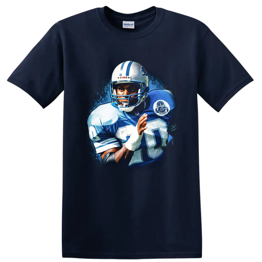 Barry Sanders Detroit Lions number 20 football action portrait with blue splatter art on a Navy (Blue) T Shirt