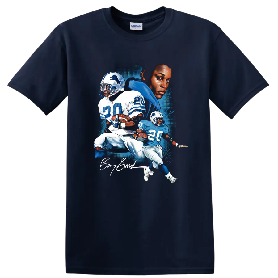 Barry Sanders Detroit Lions No. 20 illustrated football action portrait on a Navy (Blue) T Shirt