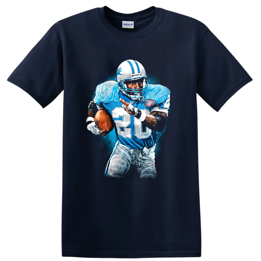 Barry Sanders Detroit Lions number 20 running back action graphic with blue paint splatter on a Navy (Blue) T Shirt
