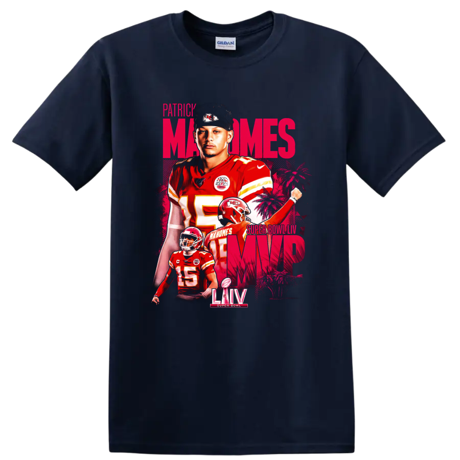 Patrick Mahomes Chiefs Super Bowl LIV MVP layered football portrait in pink and red on a Navy (Blue) T Shirt
