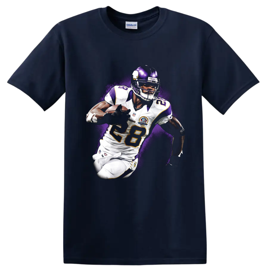 Adrian Peterson Minnesota Vikings running back action artwork with purple halftone burst on a Navy (Blue) T Shirt