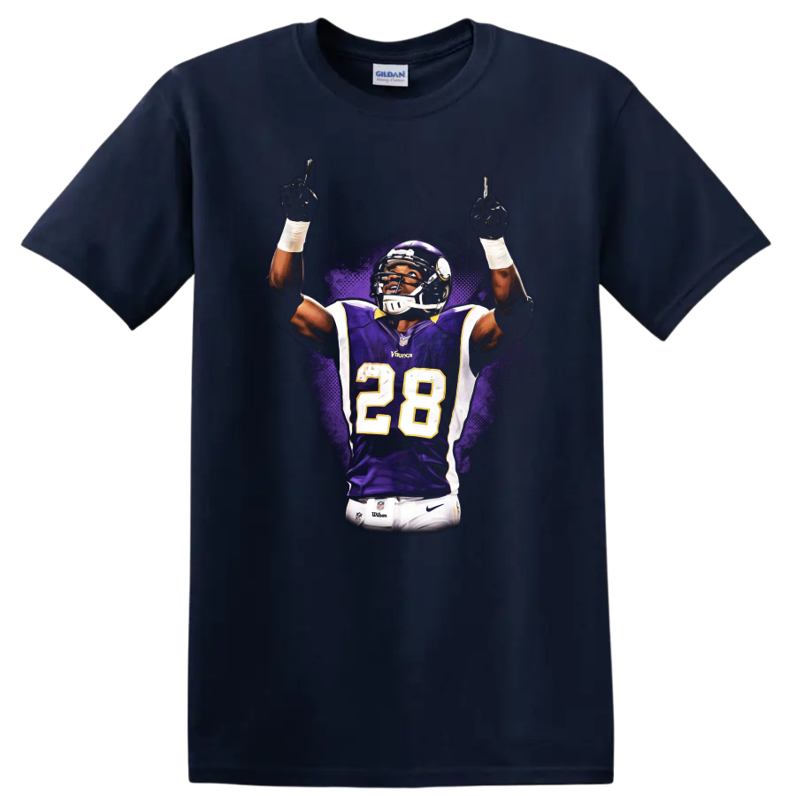 Adrian Peterson Vikings number 28 purple jersey celebration with purple splash art on a Navy (Blue) T Shirt