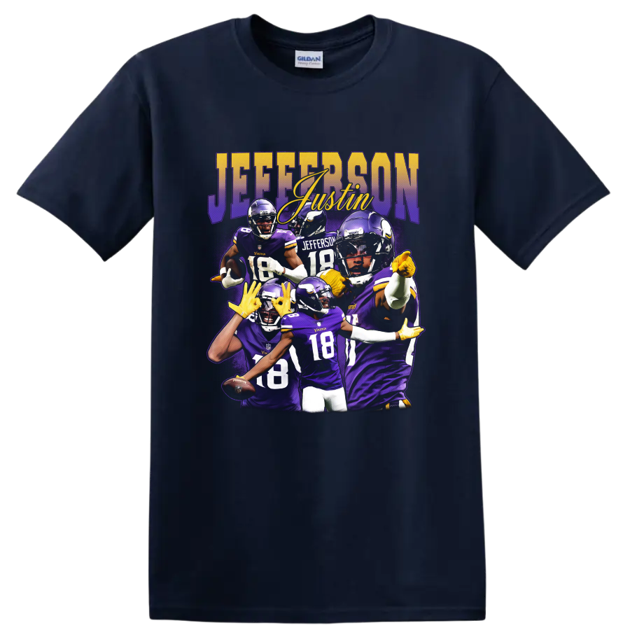 Justin Jefferson Minnesota Vikings purple football action collage with JEFFERSON lettering on a Navy (Blue) T Shirt