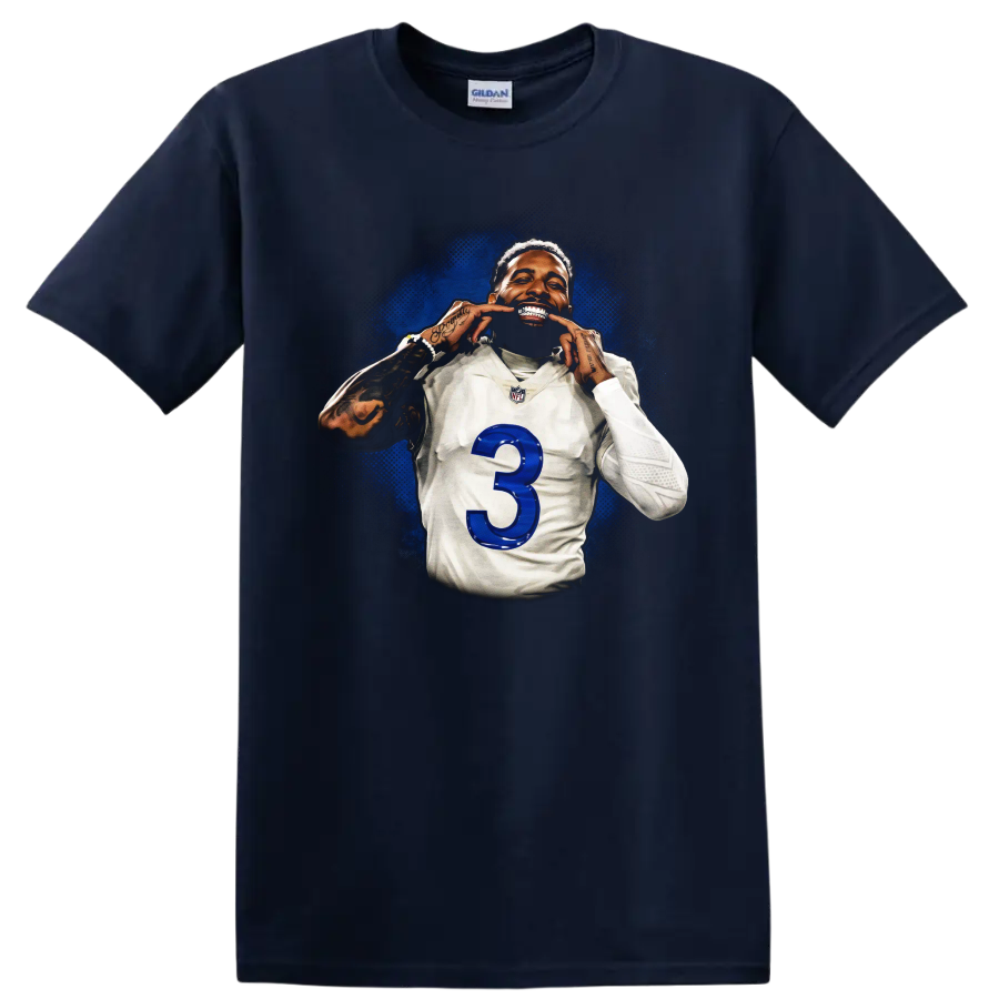 Odell Beckham Jr Cleveland Browns number 3 portrait with blue splatter background on a Navy (Blue) T Shirt