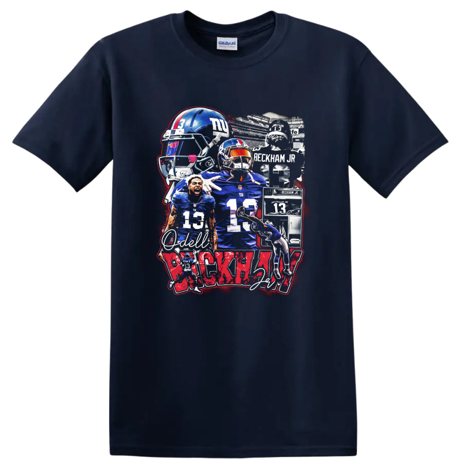 Odell Beckham Jr New York Giants No. 13 football action collage with helmet art on a Navy (Blue) T Shirt