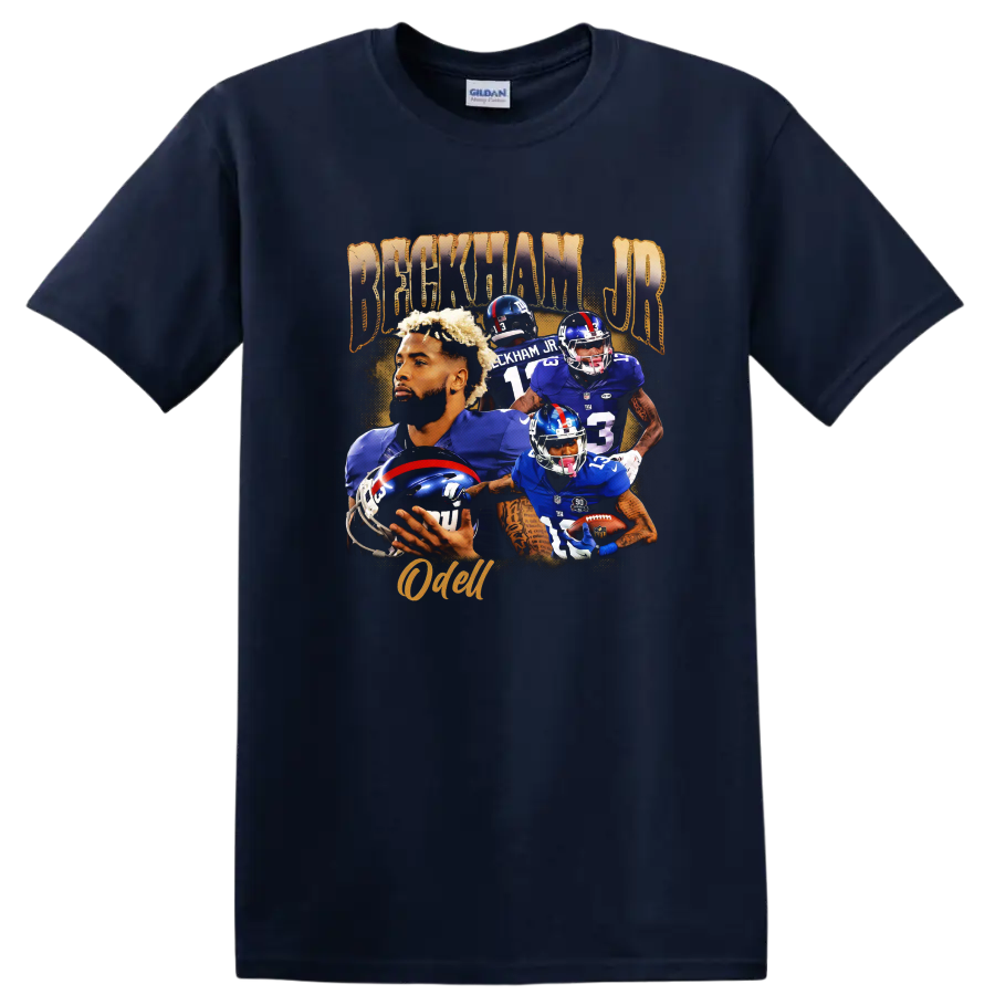 Odell Beckham Jr. New York Giants football action collage with Beckham Jr. and Odell text on a Navy (Blue) T Shirt