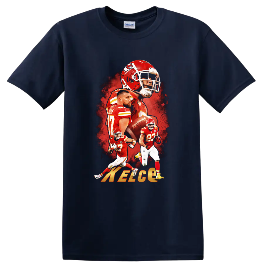 Travis Kelce Kansas City Chiefs football action collage with number 87 and helmet art on a Navy (Blue) T Shirt