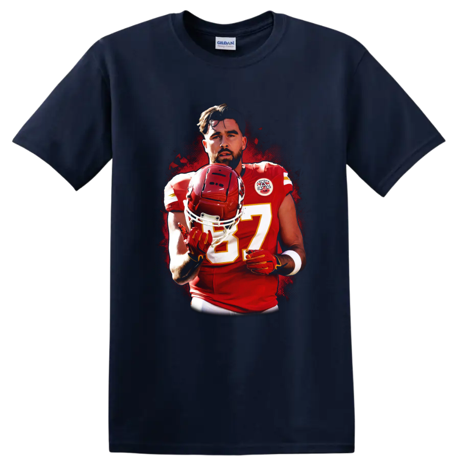 Travis Kelce Kansas City Chiefs number 87 helmet portrait in bold halftone sports art on a Navy (Blue) T Shirt