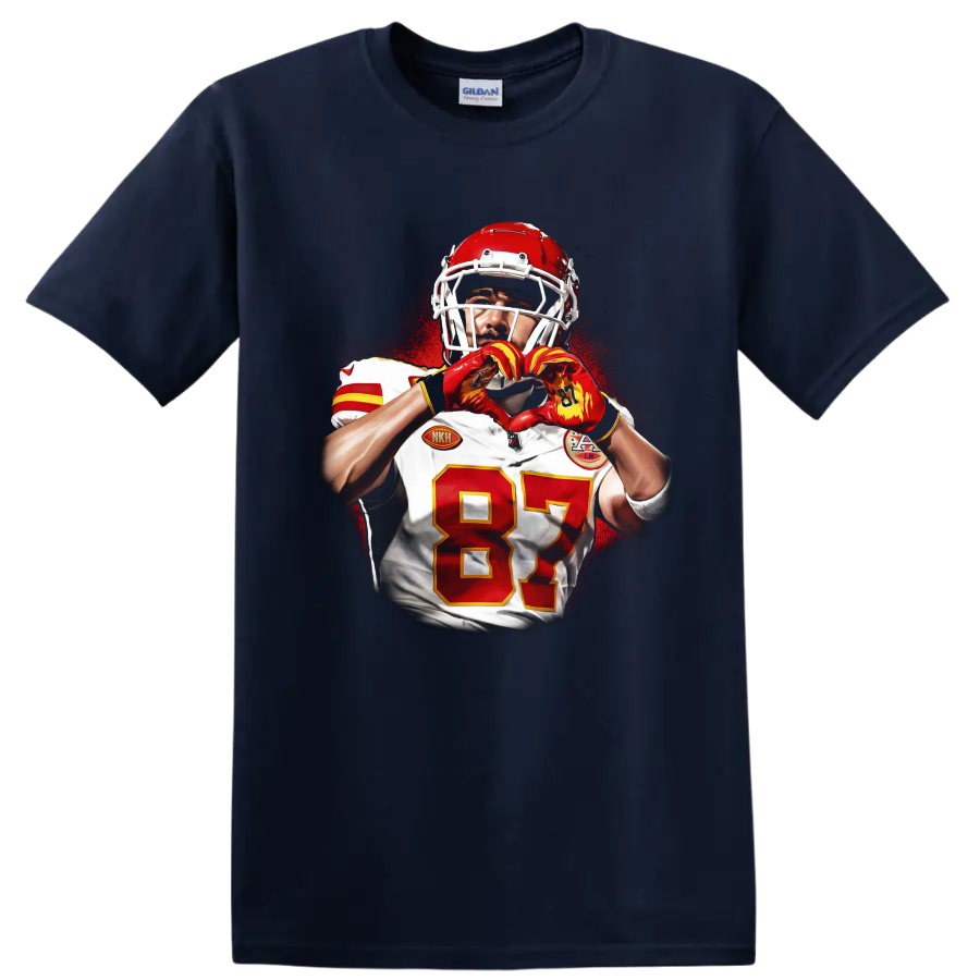 Travis Kelce Chiefs football portrait making heart hands in red splatter art on a Navy (Blue) T Shirt