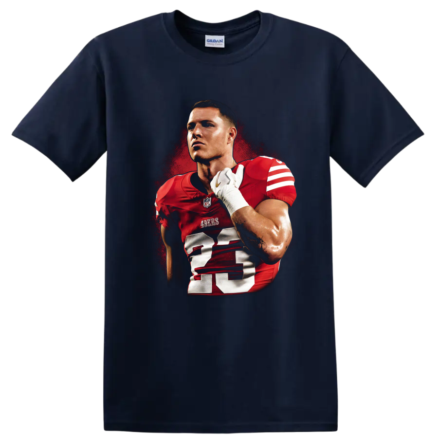 Christian McCaffrey 49ers number 23 football portrait in gritty red poster style on a Navy (Blue) T Shirt