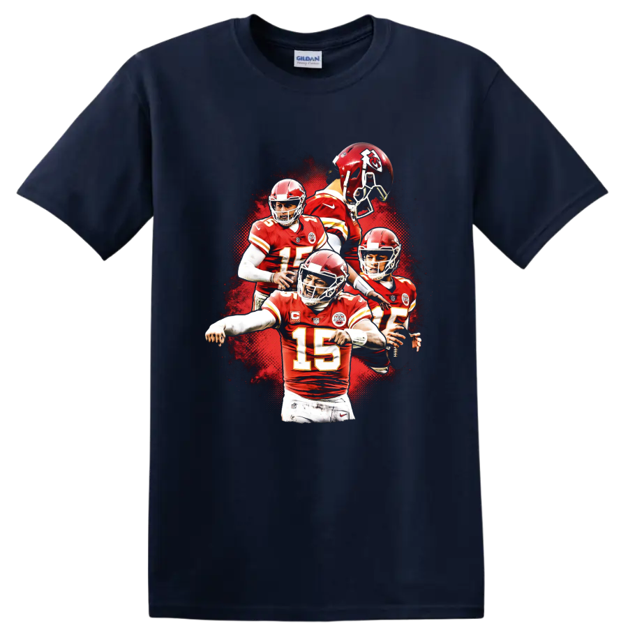 Patrick Mahomes Kansas City Chiefs quarterback action collage with red splatter on a Navy (Blue) T Shirt