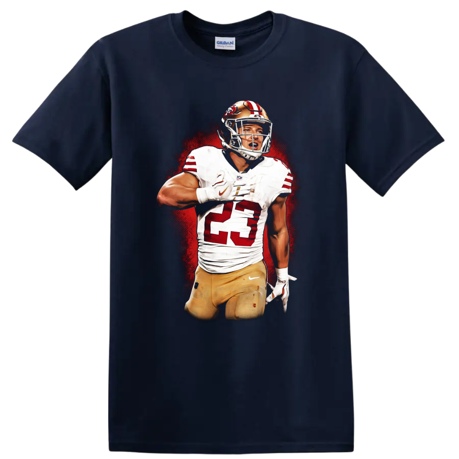 Christian McCaffrey 49ers number 23 football action portrait with red halftone backdrop on a Navy (Blue) T Shirt