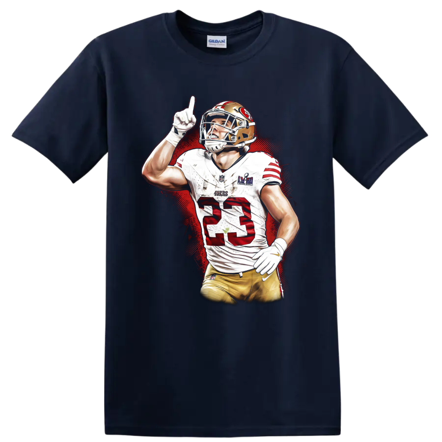 Christian McCaffrey 49ers number 23 football player in red splatter sports art on a Navy (Blue) T Shirt