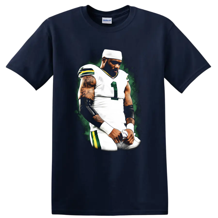 Davante Adams football player portrait in white uniform with green halftone backdrop on a Navy (Blue) T Shirt