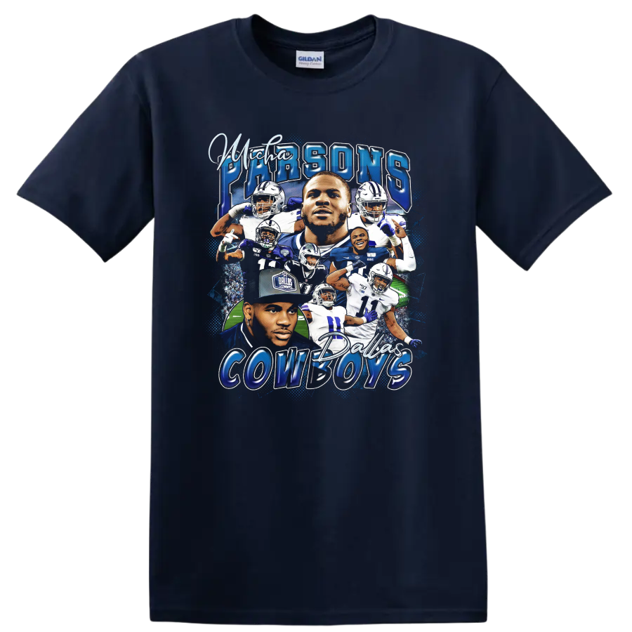 Micah Parsons Dallas Cowboys football collage with player portraits and action poses on a Navy (Blue) T Shirt