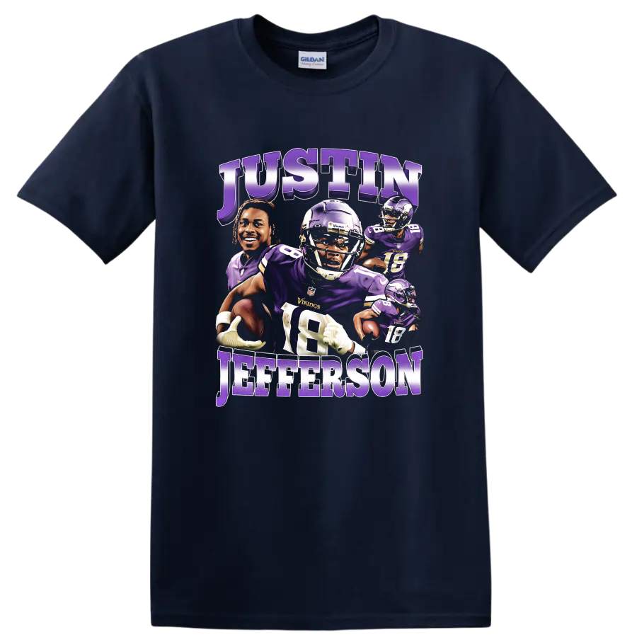 Justin Jefferson Minnesota Vikings layered purple football action collage with bold name on a Navy (Blue) T Shirt