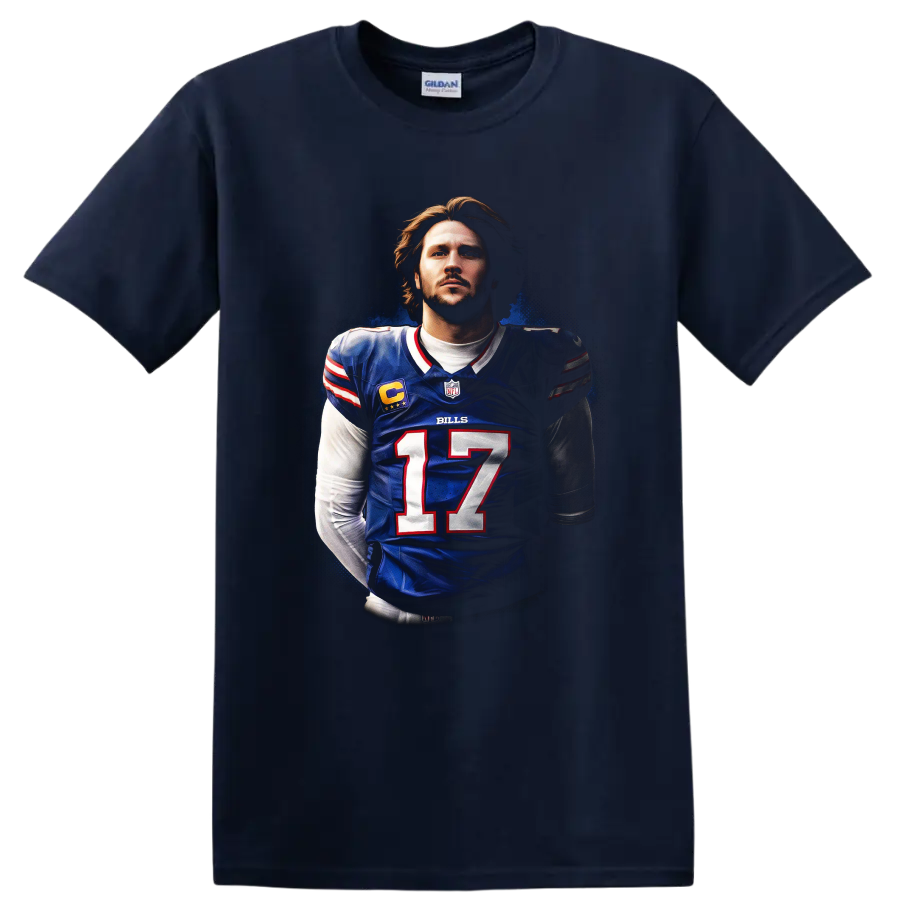 Josh Allen Buffalo Bills number 17 quarterback portrait in dramatic football poster style on a Navy (Blue) T Shirt