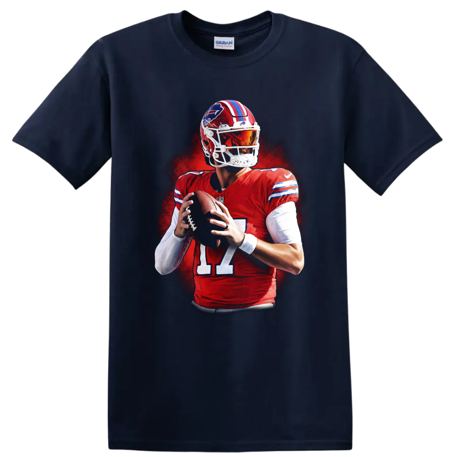Josh Allen Buffalo Bills No. 17 quarterback action portrait with red halftone backdrop on a Navy (Blue) T Shirt
