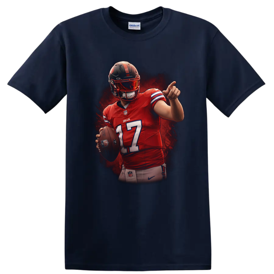 Josh Allen Buffalo Bills number 17 quarterback action illustration with football on a Navy (Blue) T Shirt