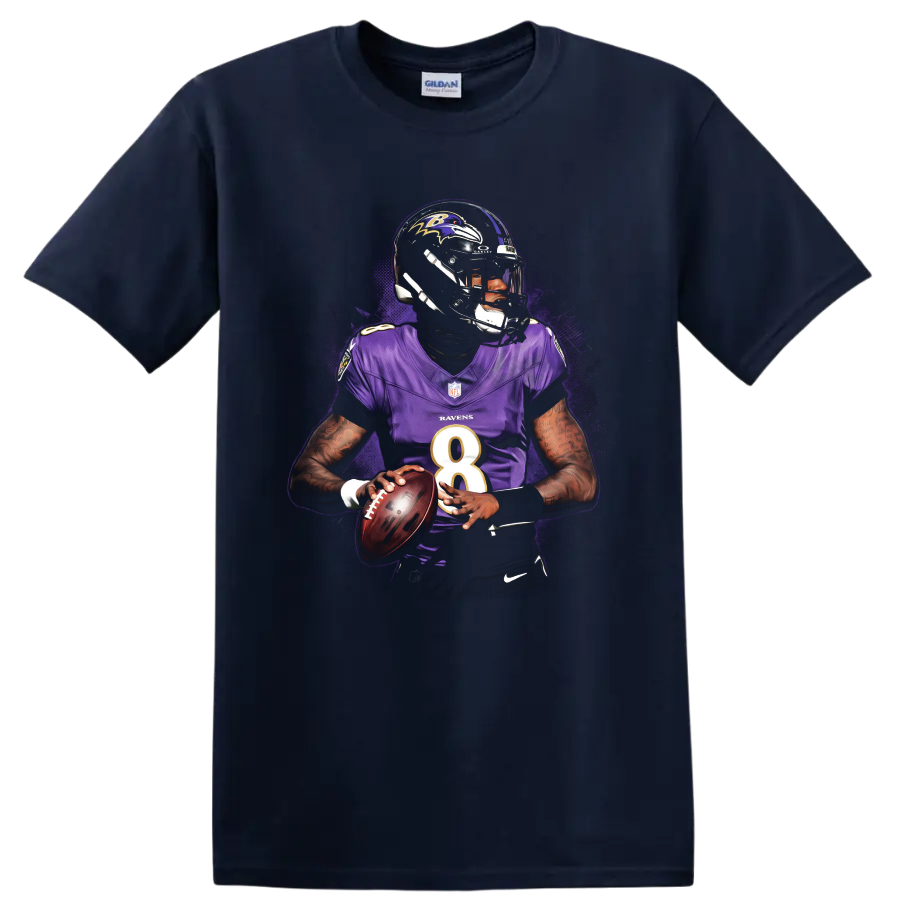 Lamar Jackson Baltimore Ravens quarterback action portrait with purple splatter artwork on a Navy (Blue) T Shirt