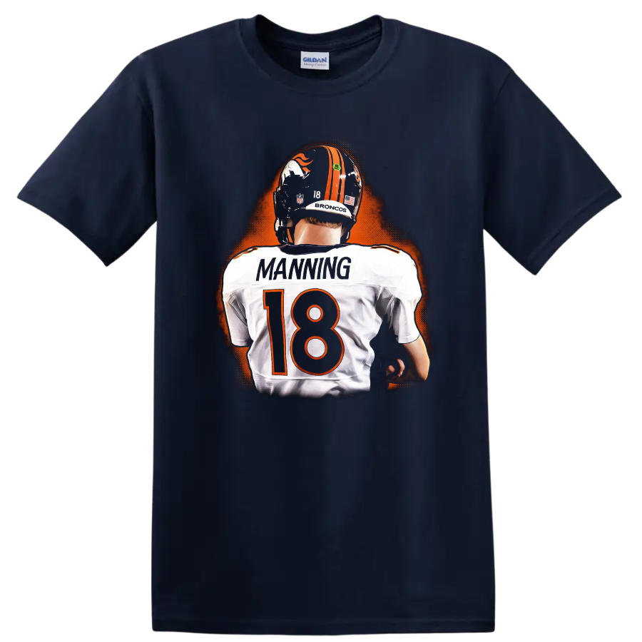 Peyton Manning Broncos No. 18 back-view football player with orange glow on a Navy (Blue) T Shirt
