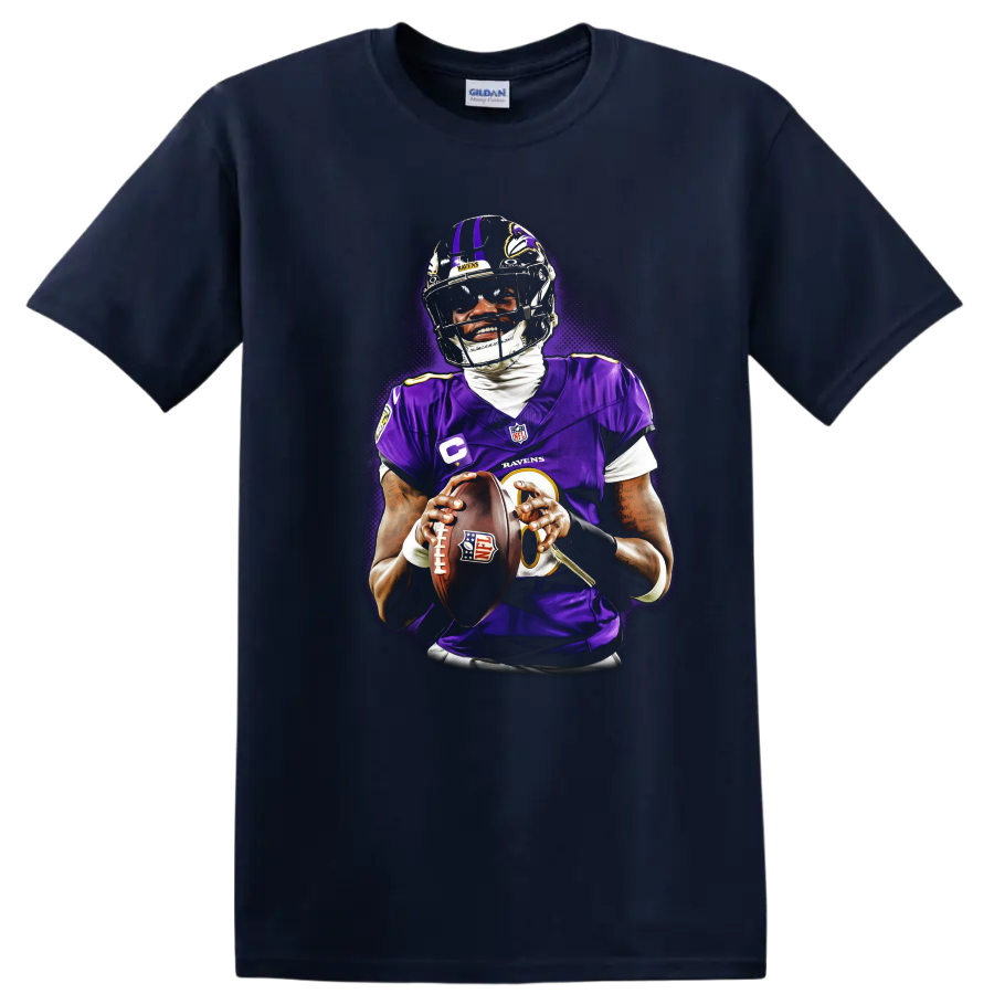 Lamar Jackson Baltimore Ravens quarterback holding a football in glowing purple action art on a Navy (Blue) T Shirt