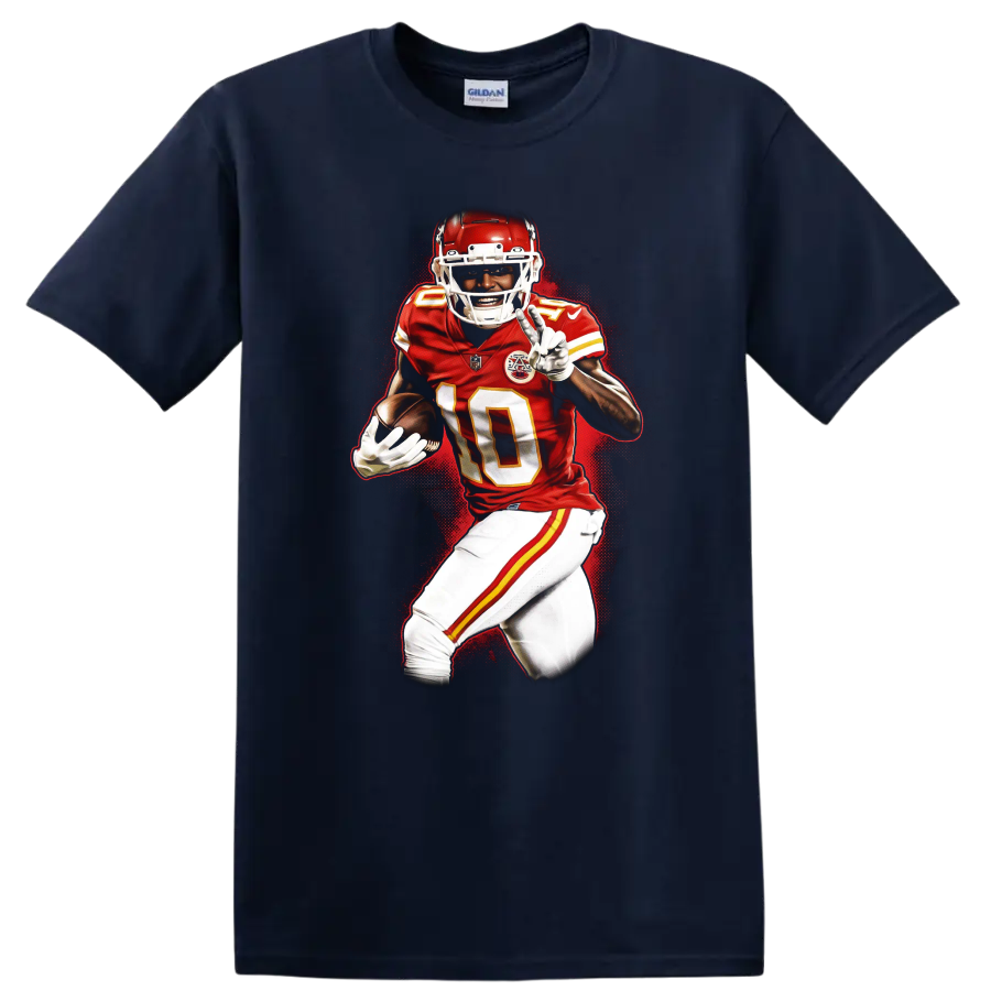 Tyreek Hill Kansas City Chiefs number 10 football action graphic with red splatter on a Navy (Blue) T Shirt