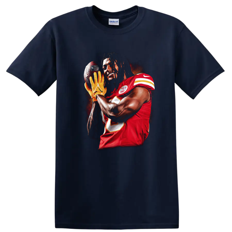 Tyreek Hill Kansas City Chiefs catch-ready football player portrait in bold sports art on a Navy (Blue) T Shirt