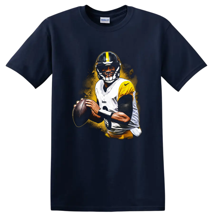 T.J. Watt Pittsburgh Steelers football player portrait with gold grunge splash on a Navy (Blue) T Shirt