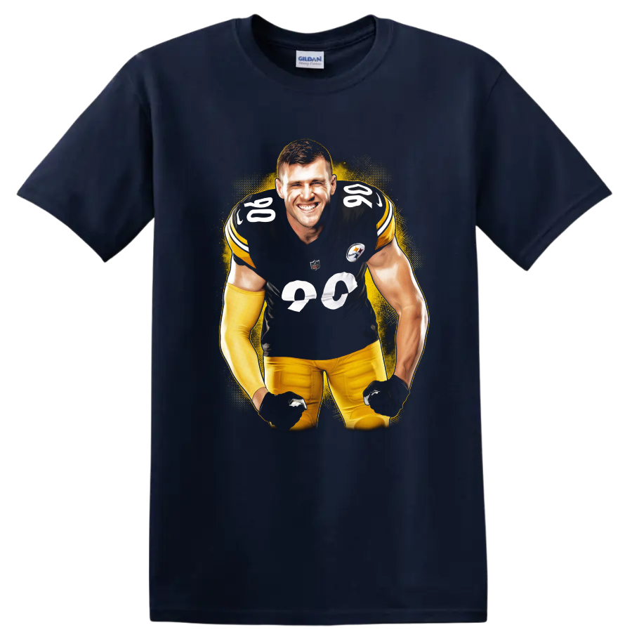 T.J. Watt Pittsburgh Steelers number 90 football player portrait with gold splatter on a Navy (Blue) T Shirt