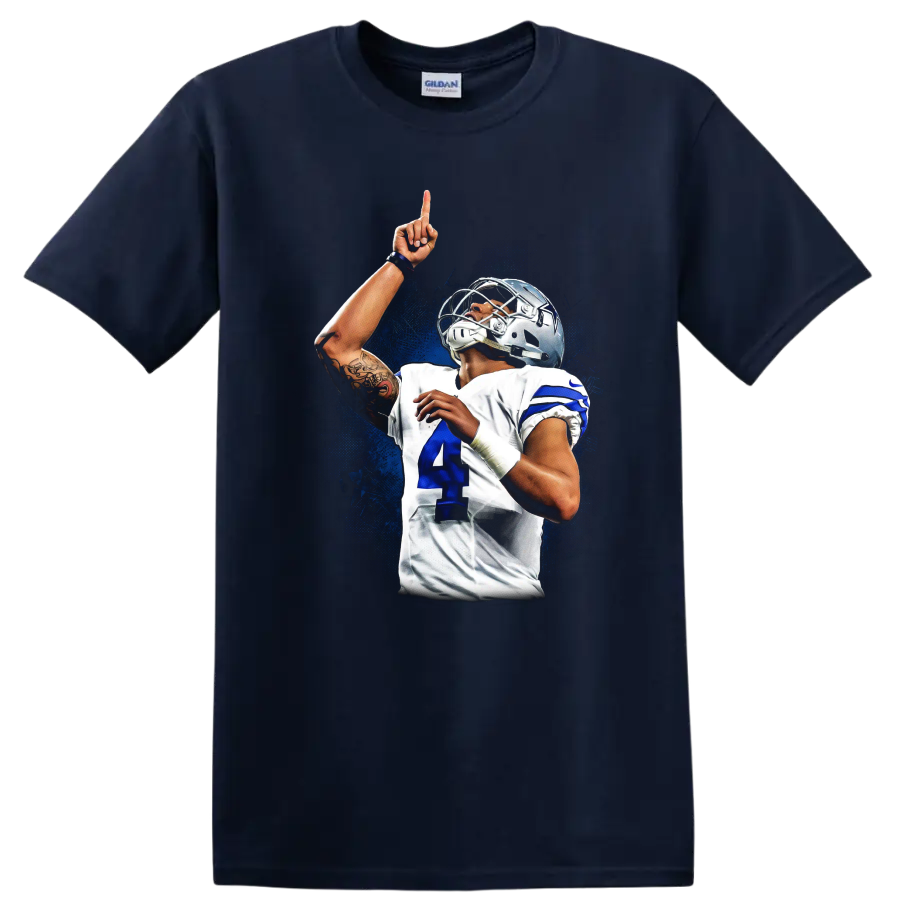 Dak Prescott Dallas Cowboys football action portrait with blue splash background on a Navy (Blue) T Shirt