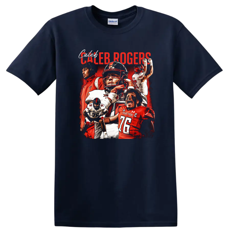 Caleb Rogers Texas Tech Red Raiders football action collage with bold red lettering on a Navy (Blue) T Shirt