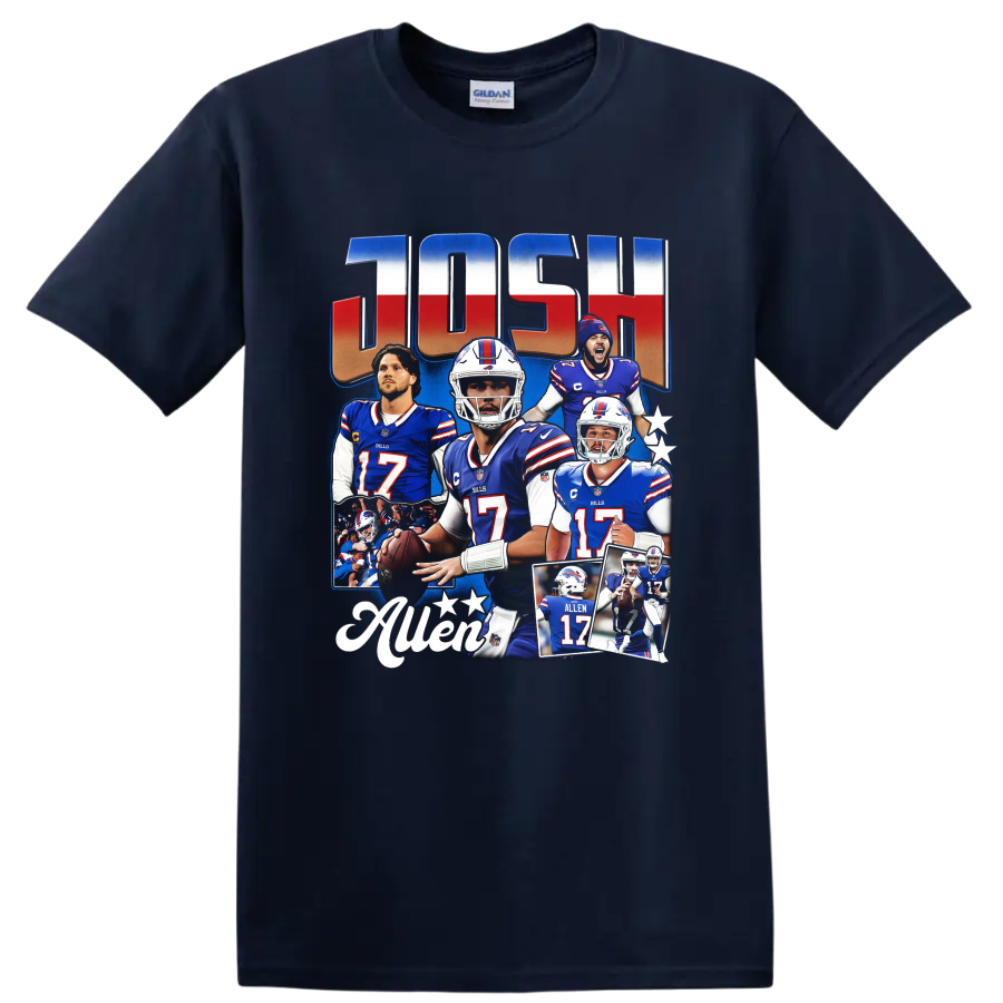 Josh Allen Buffalo Bills football collage with stars and ALLEN 17 action imagery on a Navy (Blue) T Shirt