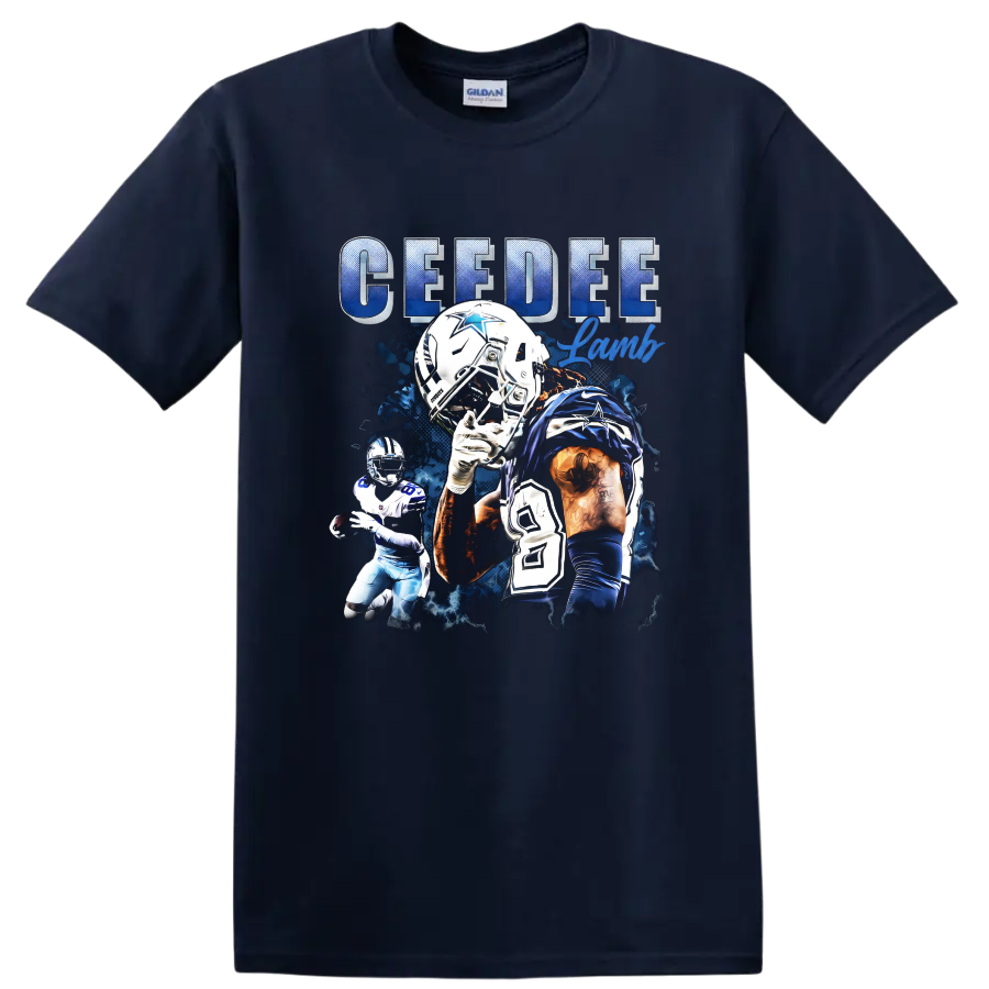 CeeDee Lamb Dallas Cowboys number 88 football collage with CEEDEE Lamb lettering on a Navy (Blue) T Shirt