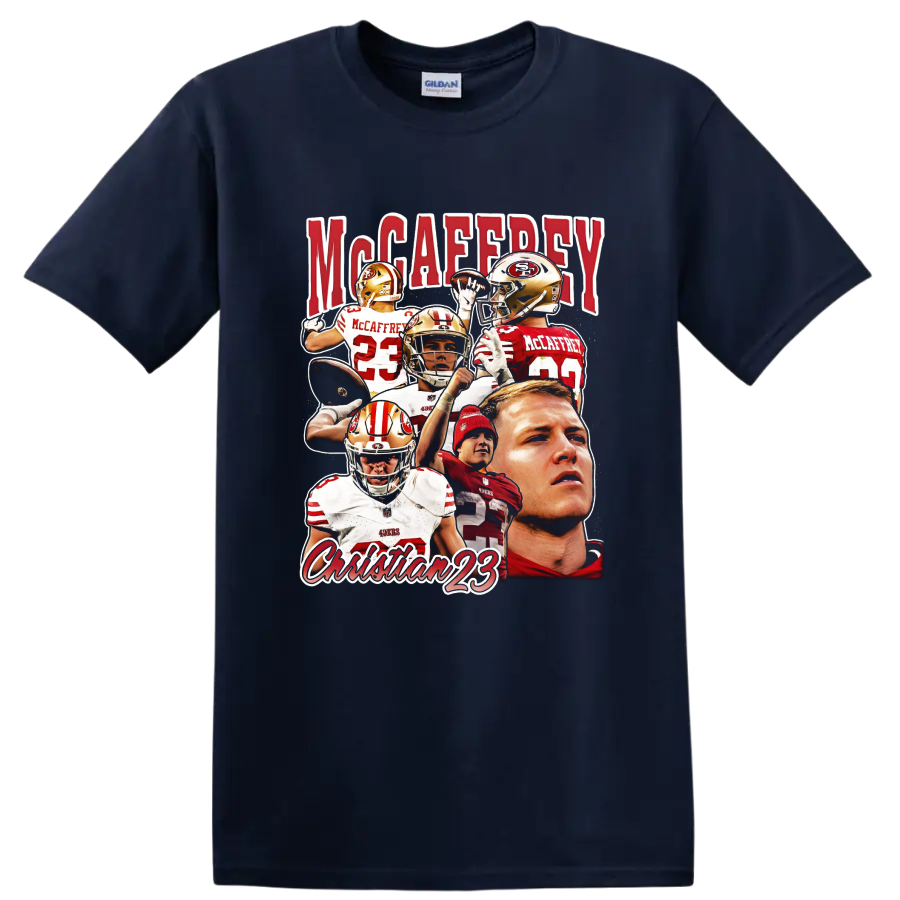 Christian McCaffrey 49ers number 23 football action collage with bold McCaffrey lettering on a Navy (Blue) T Shirt
