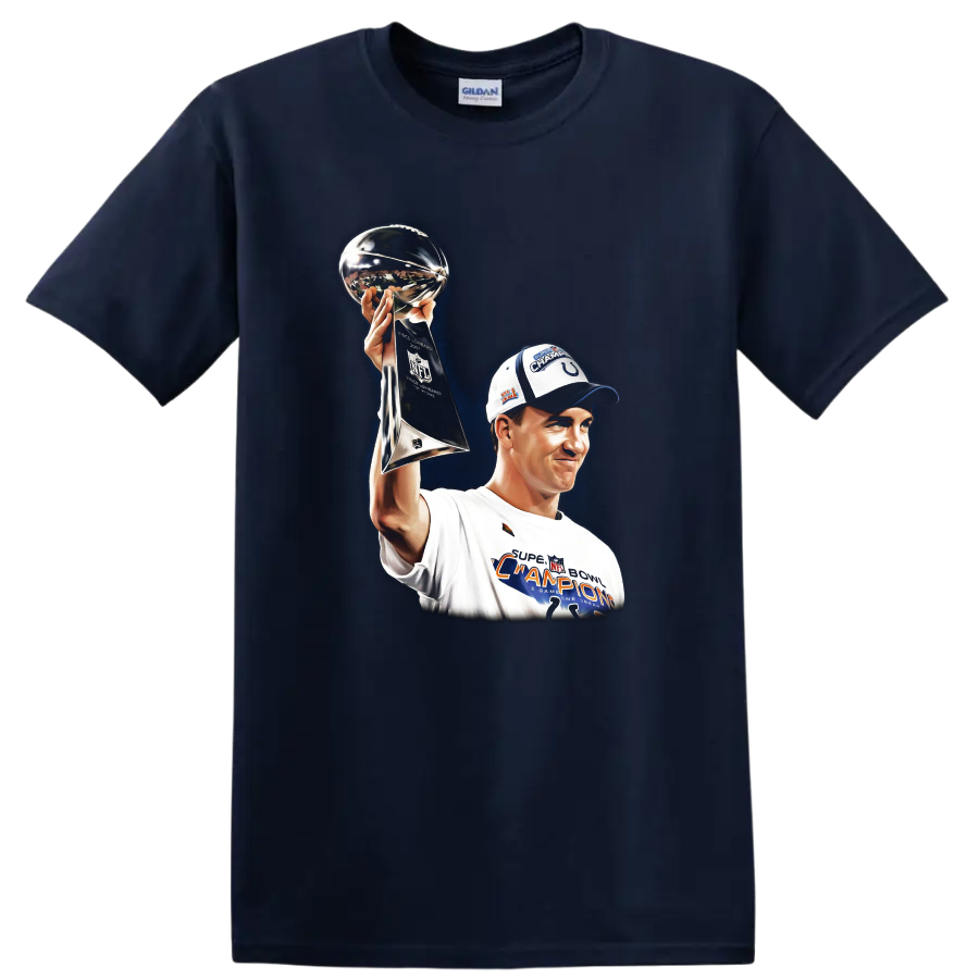 Peyton Manning raising the Lombardi Trophy in a Super Bowl champion sports illustration on a Navy (Blue) T Shirt
