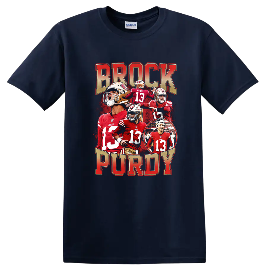 Brock Purdy San Francisco 49ers quarterback collage with bold BROCK PURDY lettering on a Navy (Blue) T Shirt