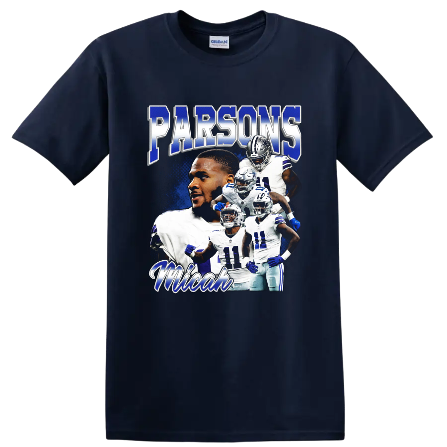 Micah Parsons Dallas Cowboys action collage with Parsons and football player imagery on a Navy (Blue) T Shirt