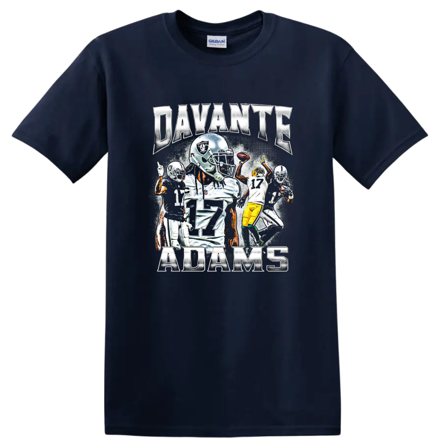 Davante Adams Las Vegas Raiders football action collage with metallic name lettering on a Navy (Blue) T Shirt
