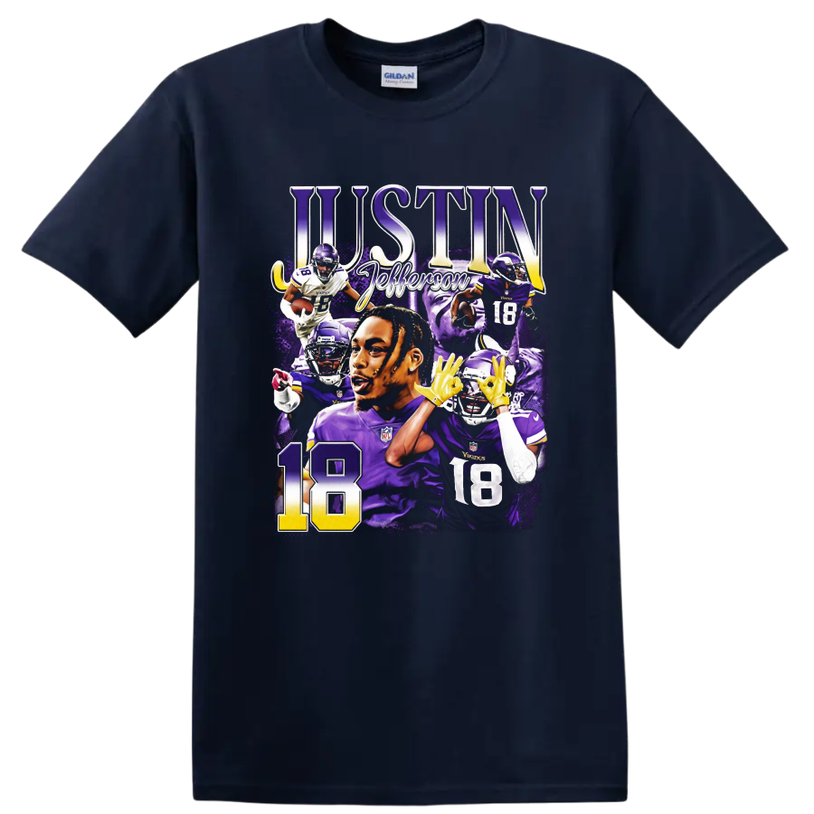 Justin Jefferson Minnesota Vikings number 18 purple football action collage on a Navy (Blue) T Shirt