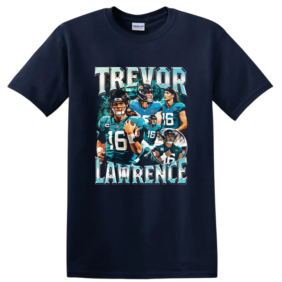 Trevor Lawrence Jaguars quarterback action collage with metallic lettering on a Navy (Blue) T Shirt