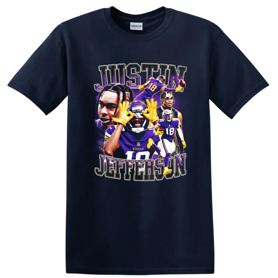 Justin Jefferson Minnesota Vikings football portrait collage with JUSTIN JEFFERSON text on a Navy (Blue) T Shirt