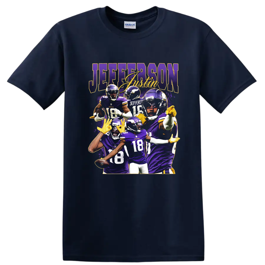 Justin Jefferson Minnesota Vikings football player collage with purple and gold action on a Navy (Blue) T Shirt