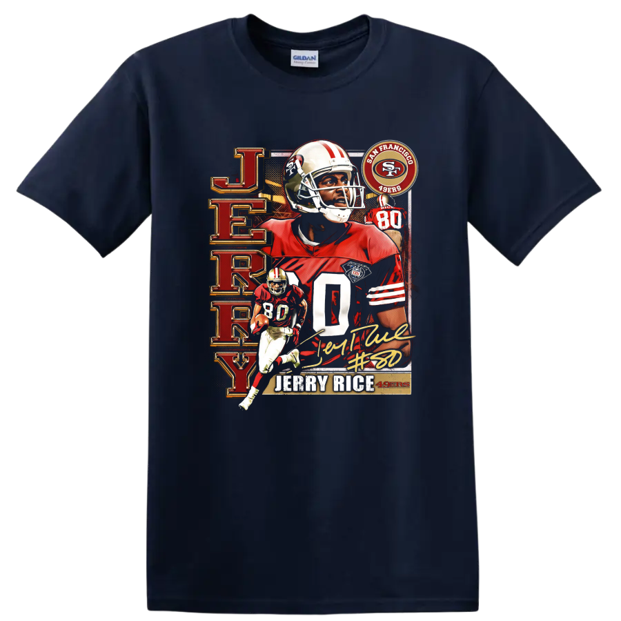 Jerry Rice 49ers retro football collage with number 80, action poses, and signature-style on a Navy (Blue) T Shirt