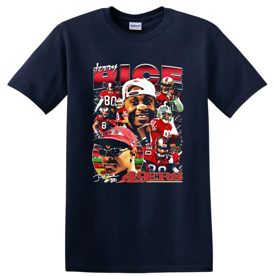 Jerry Rice San Francisco 49ers red and gold football action collage with 49ers text on a Navy (Blue) T Shirt