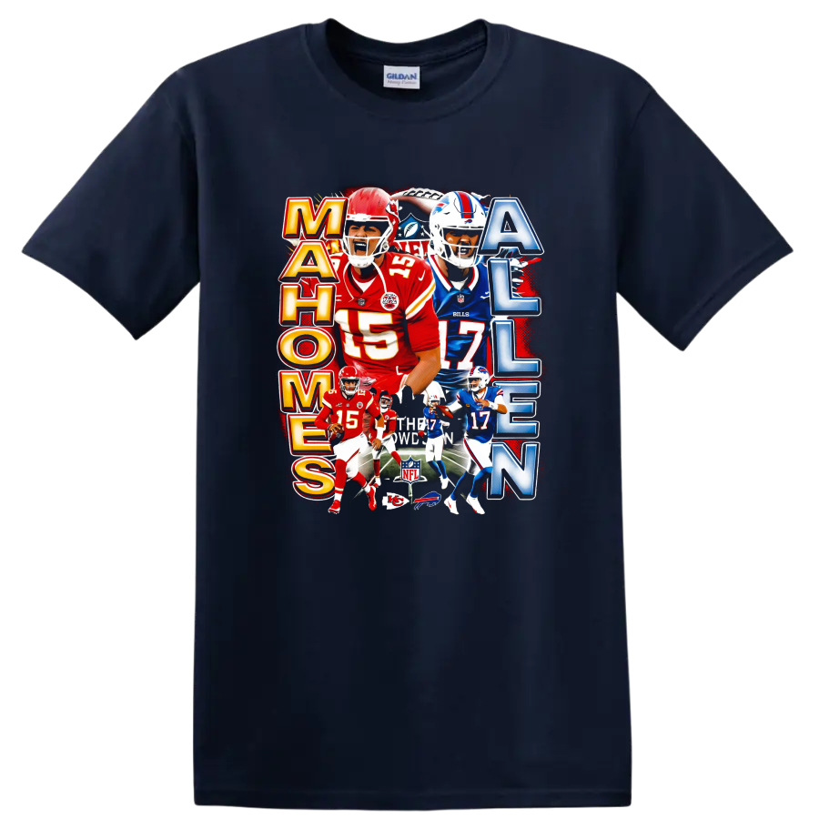 Patrick Mahomes and Josh Allen football rivalry collage with Chiefs and Bills action on a Navy (Blue) T Shirt