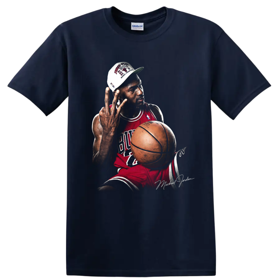 Michael Jordan Chicago Bulls championship portrait with basketball and victory cap on a Navy (Blue) T Shirt
