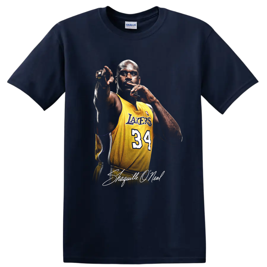 Shaquille O'Neal in Los Angeles Lakers number 34 jersey with signature lettering on a Navy (Blue) T Shirt